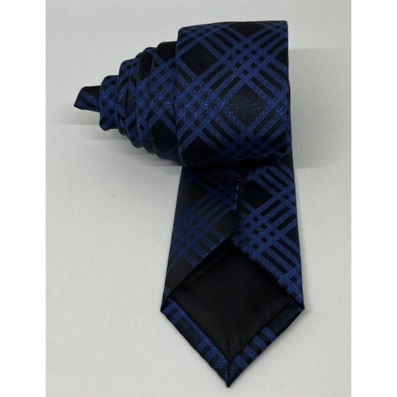 J Ferrar Men's Tie Slim,Skinny Necktie Blue And Black Plaid Blue Metallic Design - Picture 9 of 10